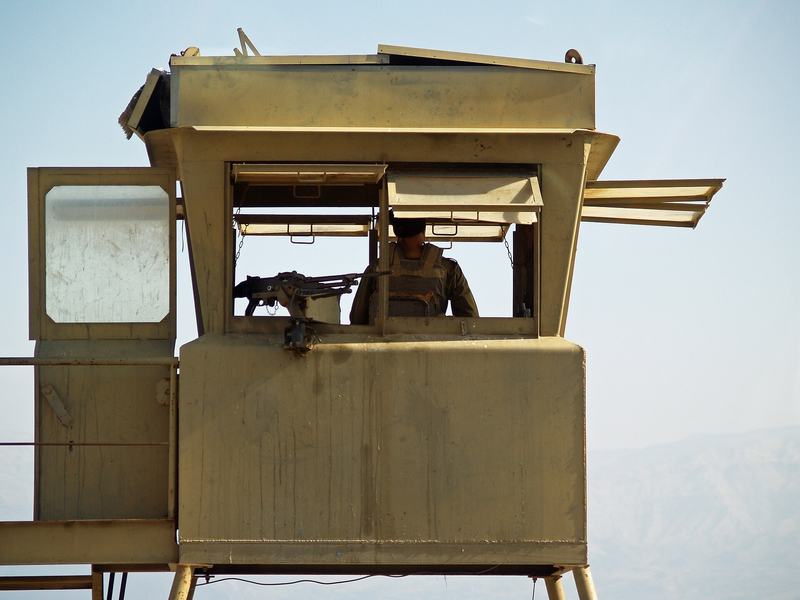 An Israeli military watchtower at a West Bank checkpoint