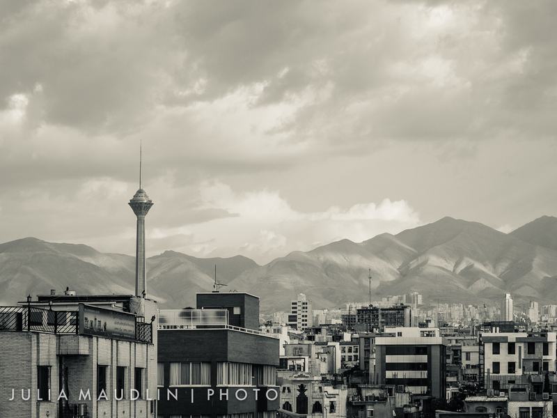 The Tehran skyline with the Milad Tower and the Alborz mountains