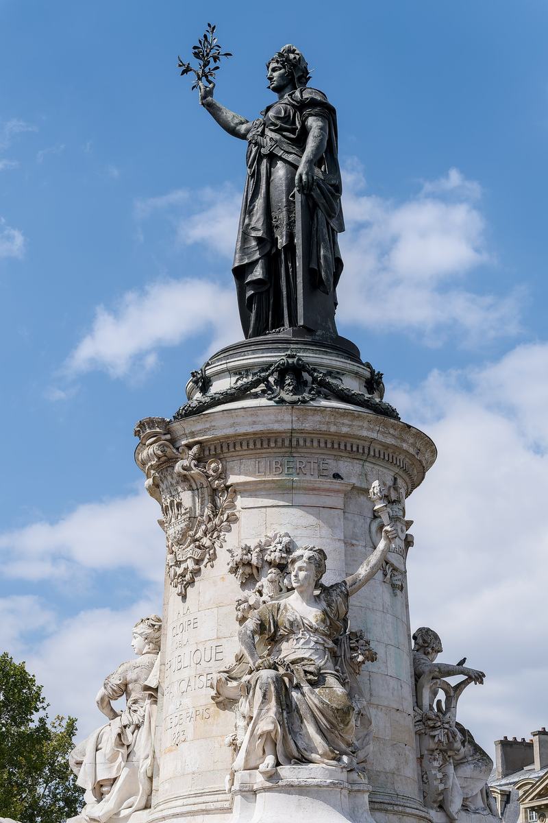The bronze statue of Marianne on the Monument to the Republic in Paris